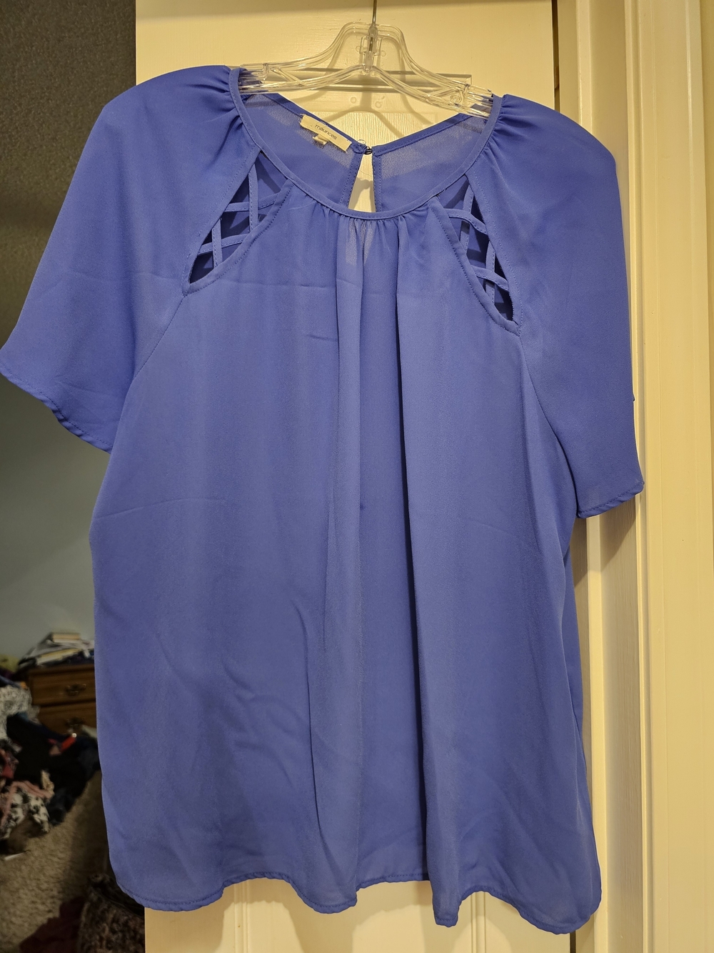 4/$25 Maurices Royal Blue Short Sleeve Lattice Neck Blouse